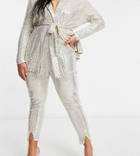 Asos Design Curve Jersey Slim Suit Pant In Sequin-silver