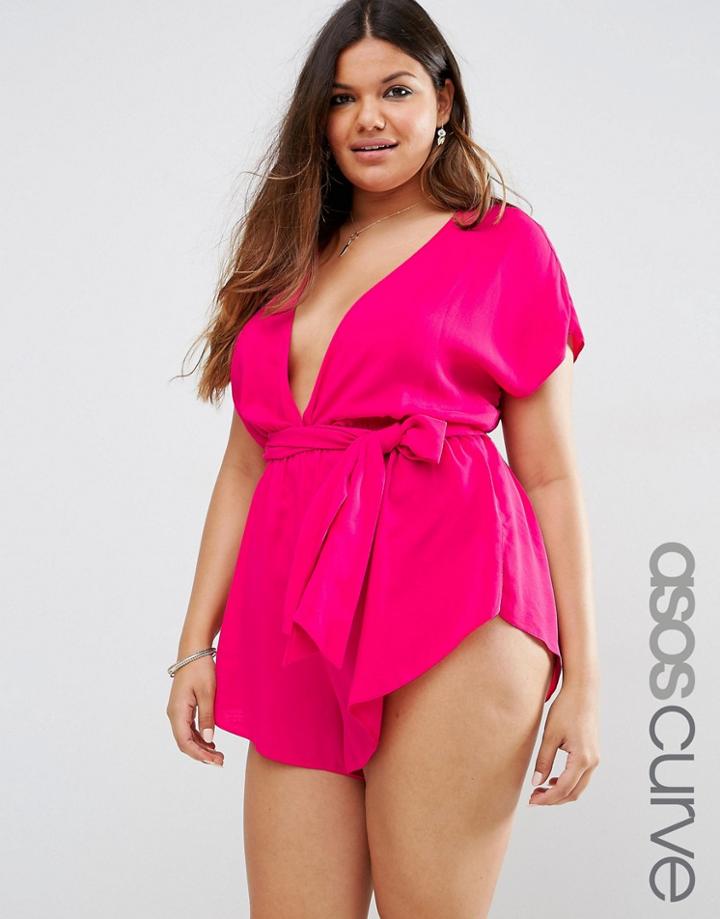 Asos Curve Deep Plunge Oversize Tie Beach Romper - Magenta