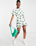 Asos Design Towelling Short Sleeve Mini Skater Dress In Cream And Green Palm Print-multi