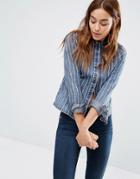 Noisy May Pin Stripe Button Back Shirt - Dark Blue Denim
