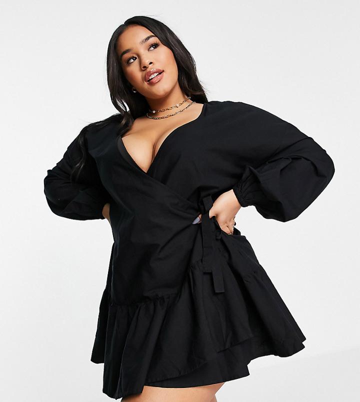 Asos Design Curve Cotton Poplin Wrap Mini Dress In Black