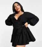 Asos Design Curve Cotton Poplin Wrap Mini Dress In Black