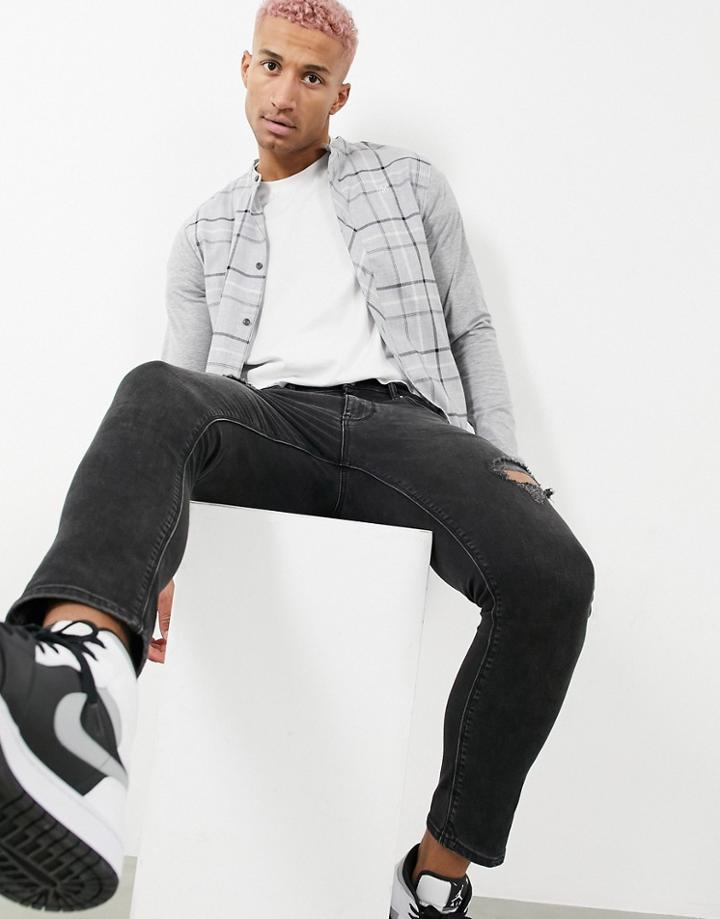 Siksilk Flannel Check Grandpa Collar Shirt With Contrast Arm-grey
