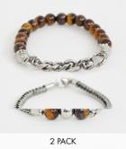 Asos Design Beaded Bracelet 2 Pack With Semi Precious Stones And Chain - Brown