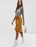 Asos Design Plisse Midi Skirt With Tie Front - Yellow