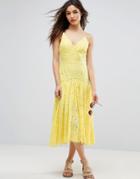 Asos Lace Drop Waist Midi Dress - Yellow