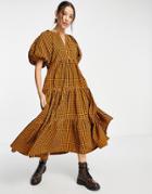 Topshop Recycled Blend Check Midi Tiered Dress In Mustard-yellow