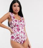 Asos Design Petite Ruched Bust Swimsuit In Floral Print-multi