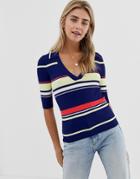 Miss Selfridge Polo Top With V Neck In Stripe - Navy