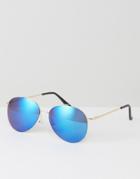 Asos Aviator Sunglasses In Gold With Blue Mirror Lens - Gold