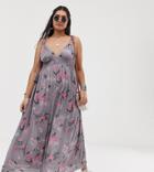 En Creme Plus Maxi Dress With Plunge Neck In Botanical Floral - Purple