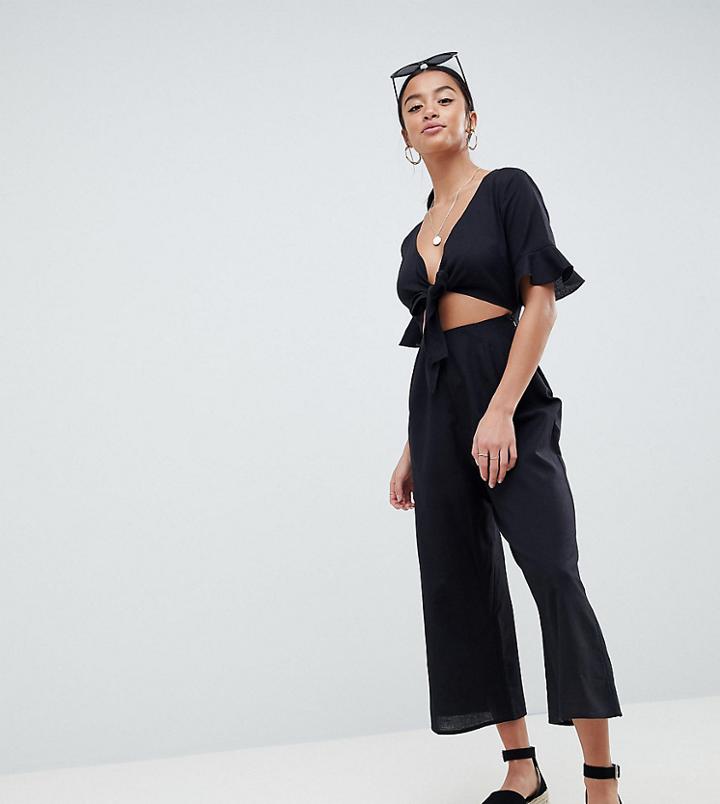 Asos Design Petite Tea Jumpsuit With Cut Out And Tie Detail In Linen - Black