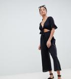 Asos Design Petite Tea Jumpsuit With Cut Out And Tie Detail In Linen - Black