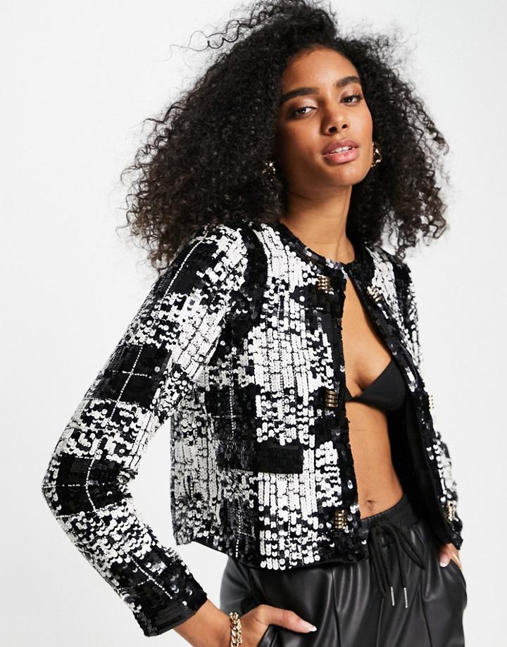 River Island Boucle Check Sequin Crop Jacket In Black