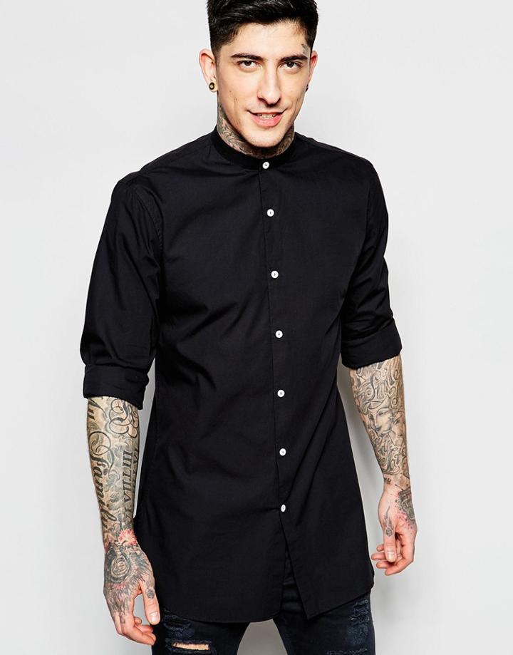 Lindbergh Longline Shirt With Grandad Collar In Black - Black