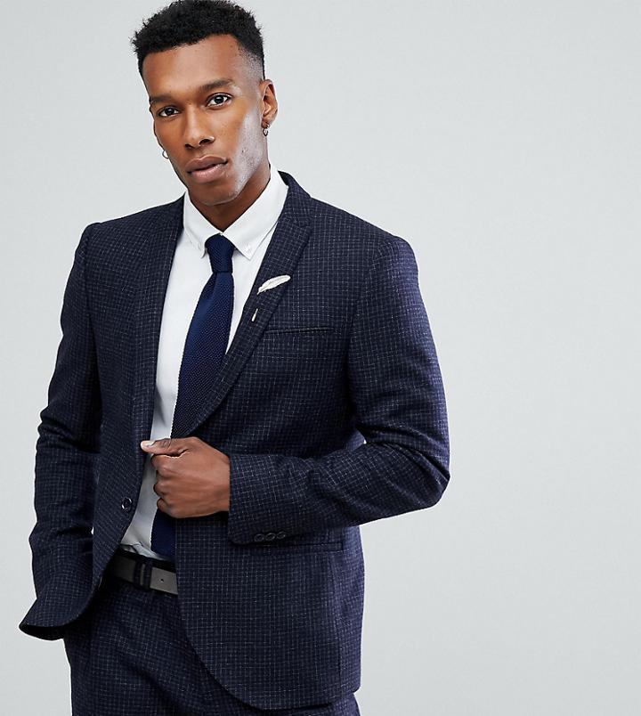 Noak Slim Stretch Suit Jacket In Grid Check - Navy