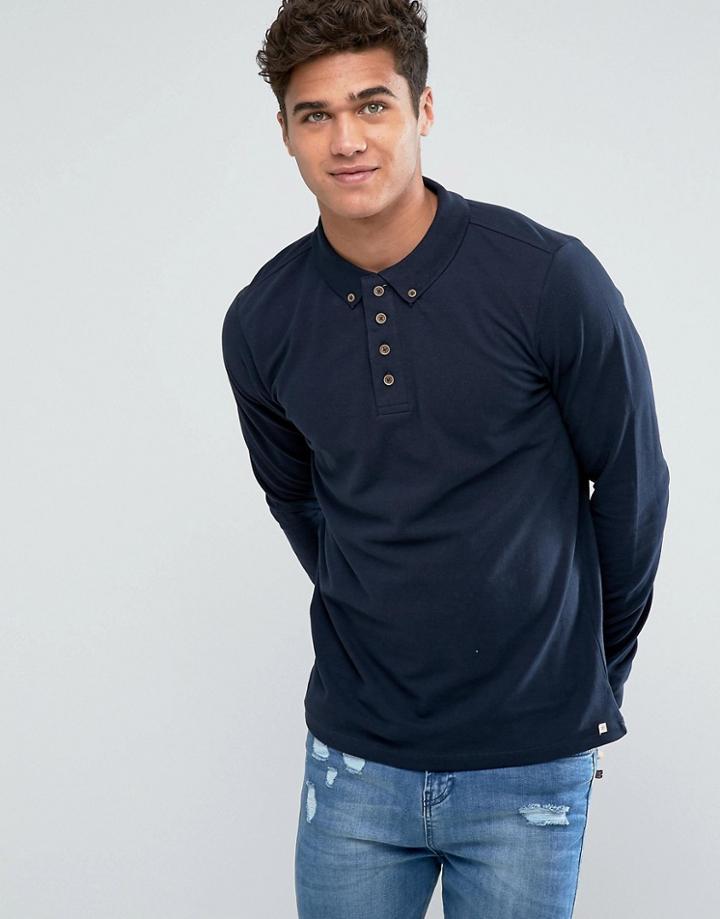 Brave Soul Long Sleeve Pique Polo Shirt - Navy