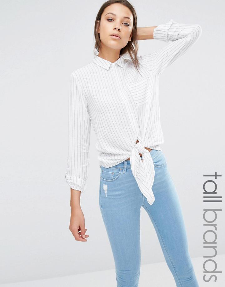 New Look Tall Pinstripe Tie Front Shirt - White
