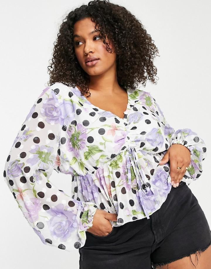 Asos Design Curve Long Sleeve Ruched Front Blouse With Pleated Peplum Hem In Floral & Spot-multi