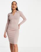 Qed London Polo Knitted Midi Dress In Taupe-brown