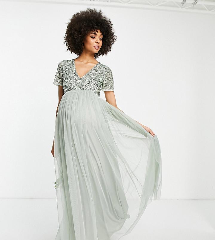 Maya Maternity Bridesmaid Short Sleeve Maxi Tulle Dress With Tonal Delicate Sequins In Sage Green