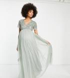 Maya Maternity Bridesmaid Short Sleeve Maxi Tulle Dress With Tonal Delicate Sequins In Sage Green