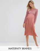 Little Mistress Maternity Crochet Bodice Midi Dress With Pleated Skirt - Pink