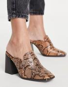 Truffle Collection Mid Block Mule Loafers In Tan Snake-brown