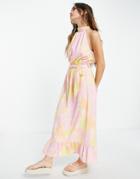 Asos Design Halter Neck Maxi Skater Dress With A Belt In Large Pink Floral-multi