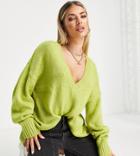 Asyou V Neck Knitted Sweater In Green-multi