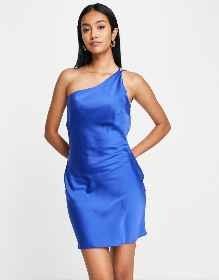 Lola May Satin Asymmetric Strap Mini Dress In Cobalt Blue