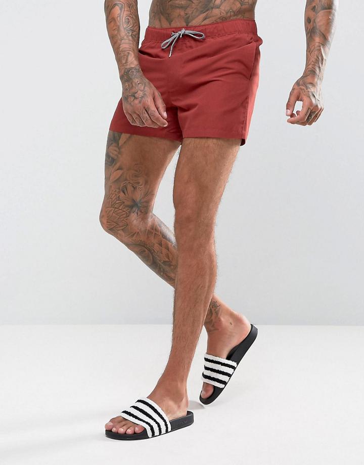 Asos Swim Shorts In Burgundy With Stripe Drawcords Short Length - Red