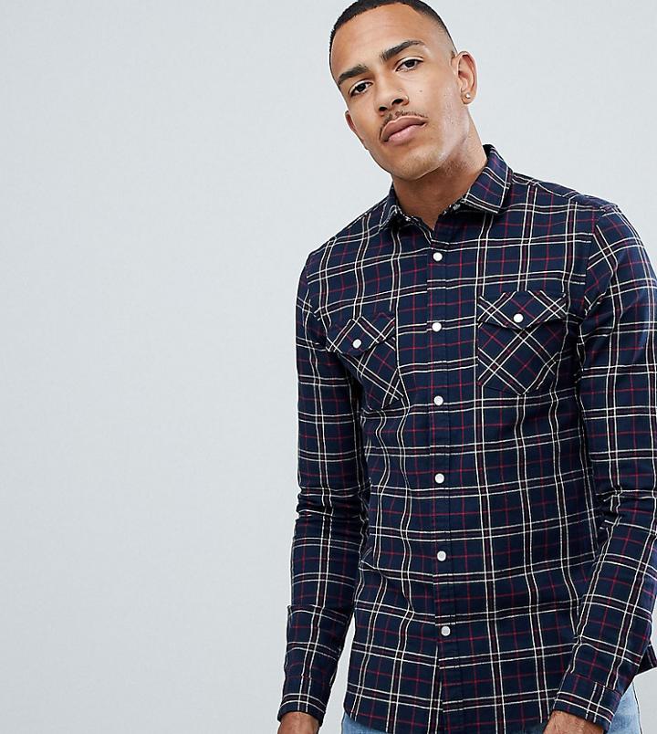 Asos Design Tall Stretch Slim Check Western Shirt In Navy & Red - Black