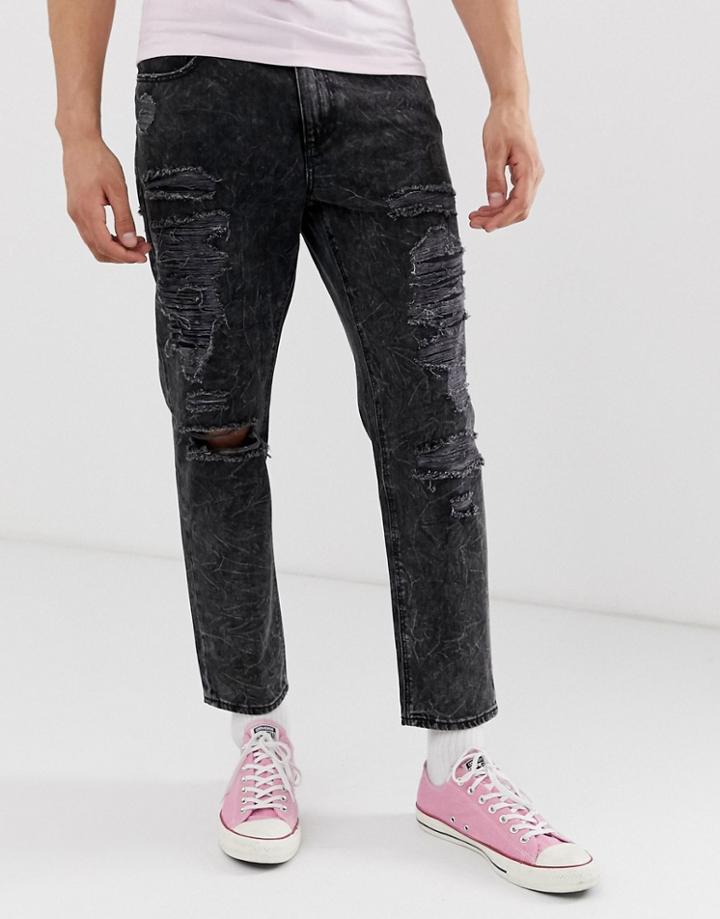 Asos Design Classic Rigid Jeans In Vintage Washed Black With Heavy Rips