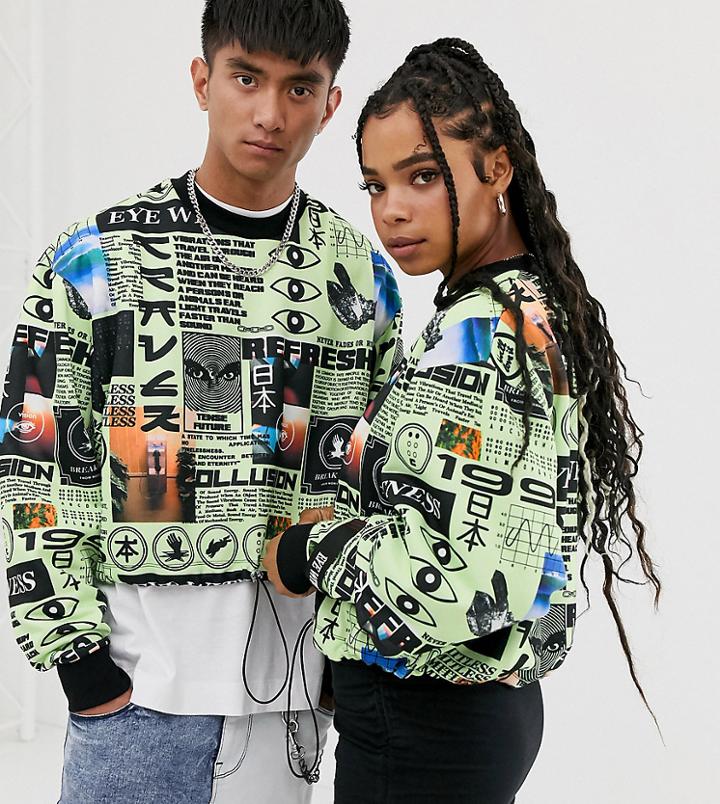 Collusion Unisex Cropped Sweatshirt In All Over Print With Elasticated Hem - Green