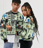 Collusion Unisex Cropped Sweatshirt In All Over Print With Elasticated Hem - Green