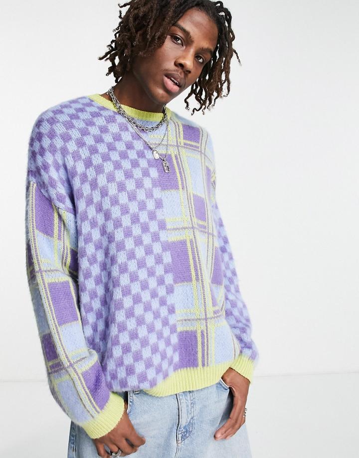 Asos Design Fluffy Knit Sweater With All Over Check In Lime Green