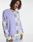 Asos Design Fluffy Knit Sweater With All Over Check In Lime Green