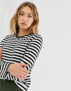 Monki Organic Cotton Long Sleeve Crew Neck Top In Black And White Stripe-multi