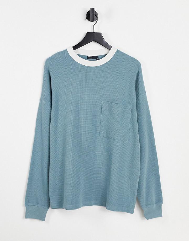 Asos Design Oversized Long Sleeve Waffle T-shirt In Blue With Cream Ringer-blues
