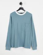 Asos Design Oversized Long Sleeve Waffle T-shirt In Blue With Cream Ringer-blues