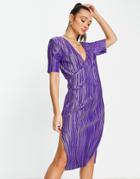 Asos Design Plisse Long Sleeve Wrap Midi Dress In Bright Purple