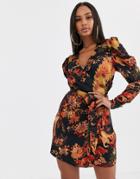Missguided Wrap Dress With Puff Sleeves In Floral Print-multi