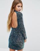 Motel Backless Sequin High Neck Bodycon Dress - Blue