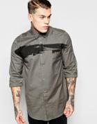 Asos Longline Shirt With Camo Print And Long Sleeves - Green