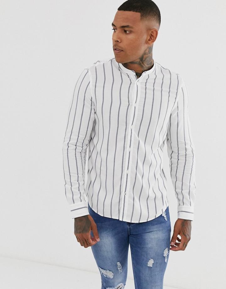 Bershka Grandad Collar Stripe Shirt In White - White