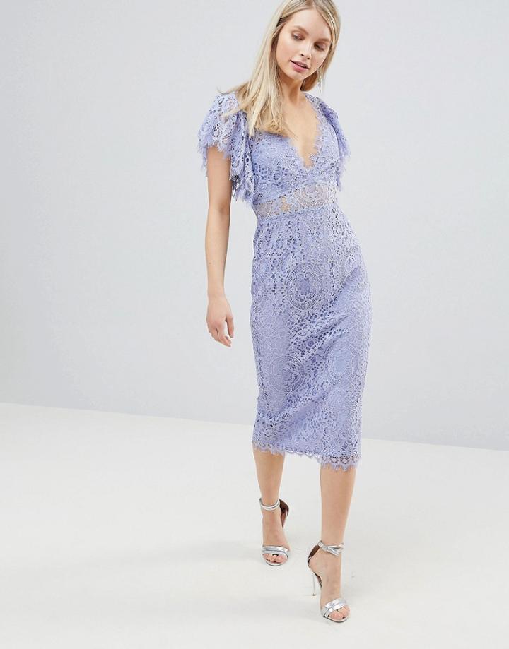 Asos Design Lace Pencil Midi Dress With Frill Sleeve - Blue