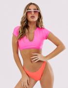 Asos Design V Plunge Tshirt Bikini Top In Shiny Neon Pink - Pink