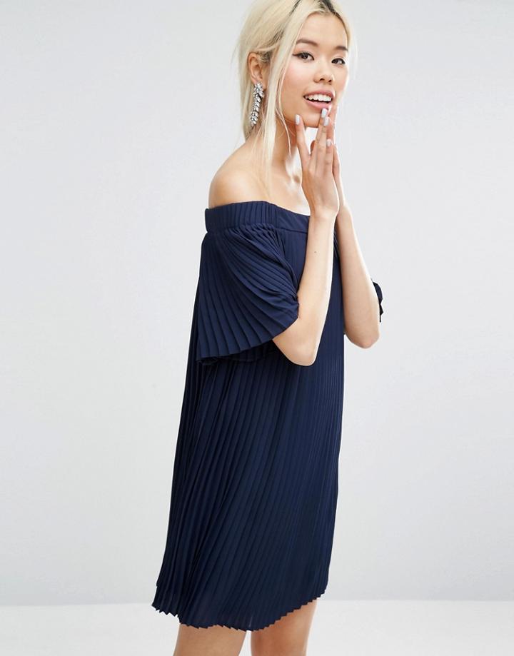 Asos Off Shoulder Pleated Dress - Navy