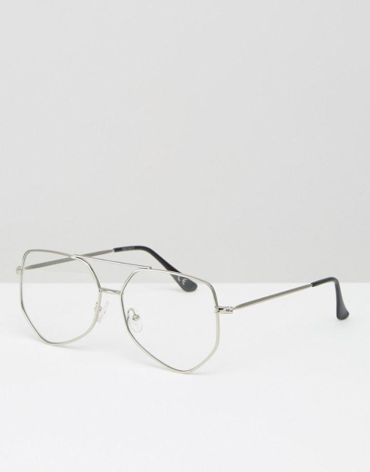 Asos Geeky Angular Aviator Clear Lens Glasses - Silver